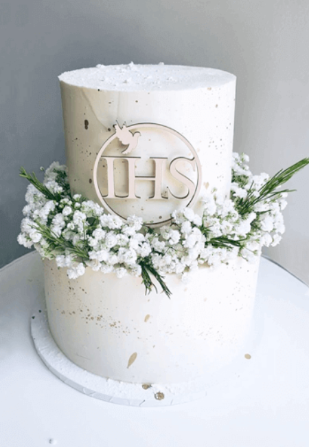 Topper komunijny - IHS w obręczy z gołębicą